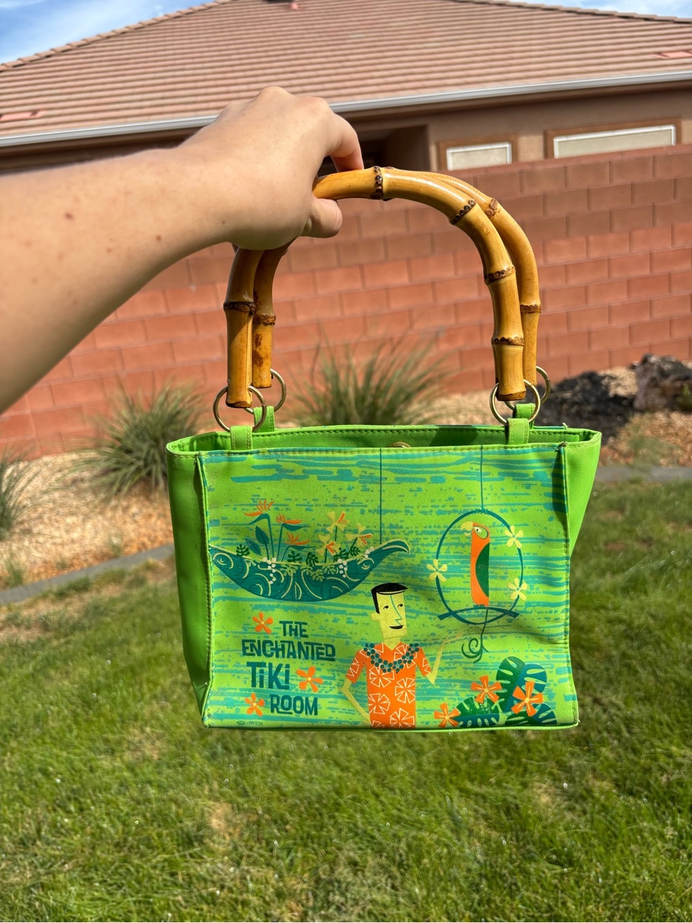The Enchanted Tiki Room Lime Green Bamboo Handle Tote